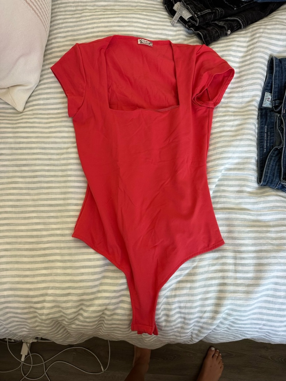 Free People Red Square-Neck Short Sleeve Bodysuit